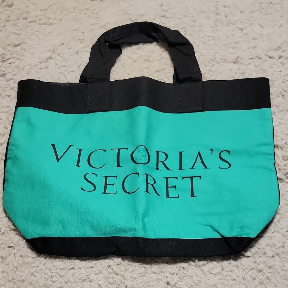 Victoria's Secret Green, Blue, and Black Canvas Tote Bag with Logo
